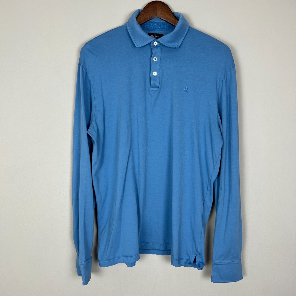 Hackett‎ Polo Shirt Mens Large Blue Classic Fit Long Sleeve Collared Logo Cotton